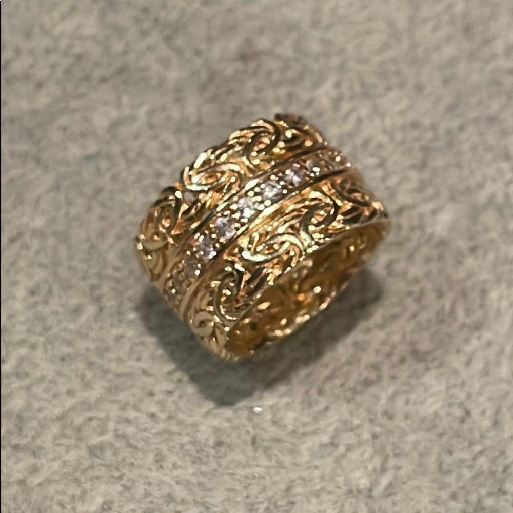Byzantine 18kt Gold 925 Sterling Silver Filigree Wide Band Ring CZ Diamonds sz 5